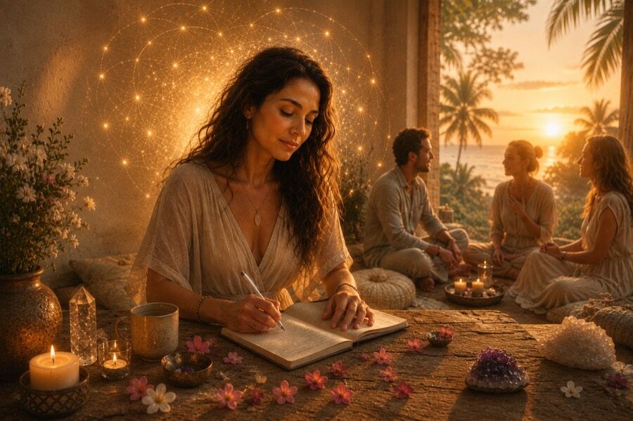 A woman writes in a journal at a table, reflecting quietly with fellow guests gathered nearby