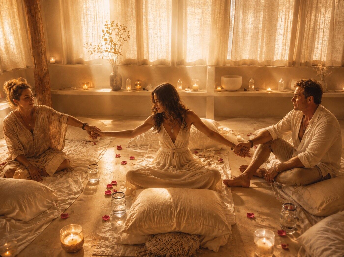 Three guests sit in a candlelit circle holding hands, rose petals scattered around them before a ceremony