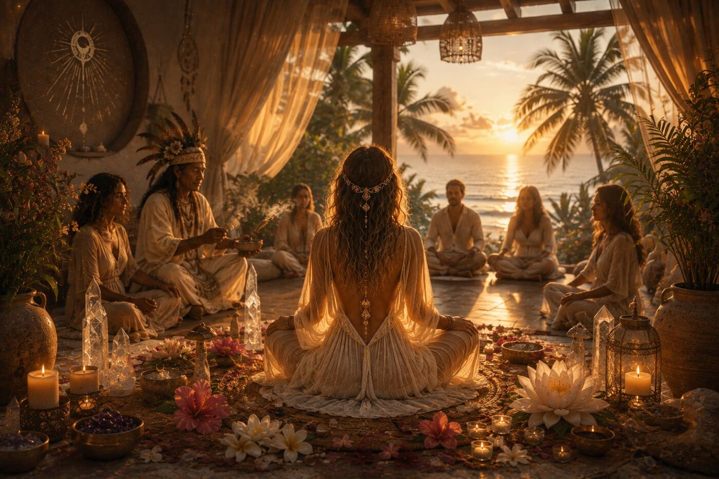 A Mayan shaman and guides hold ceremony with a group seated in a circle, ocean and palms visible at sunset beyond the open-air palapa
