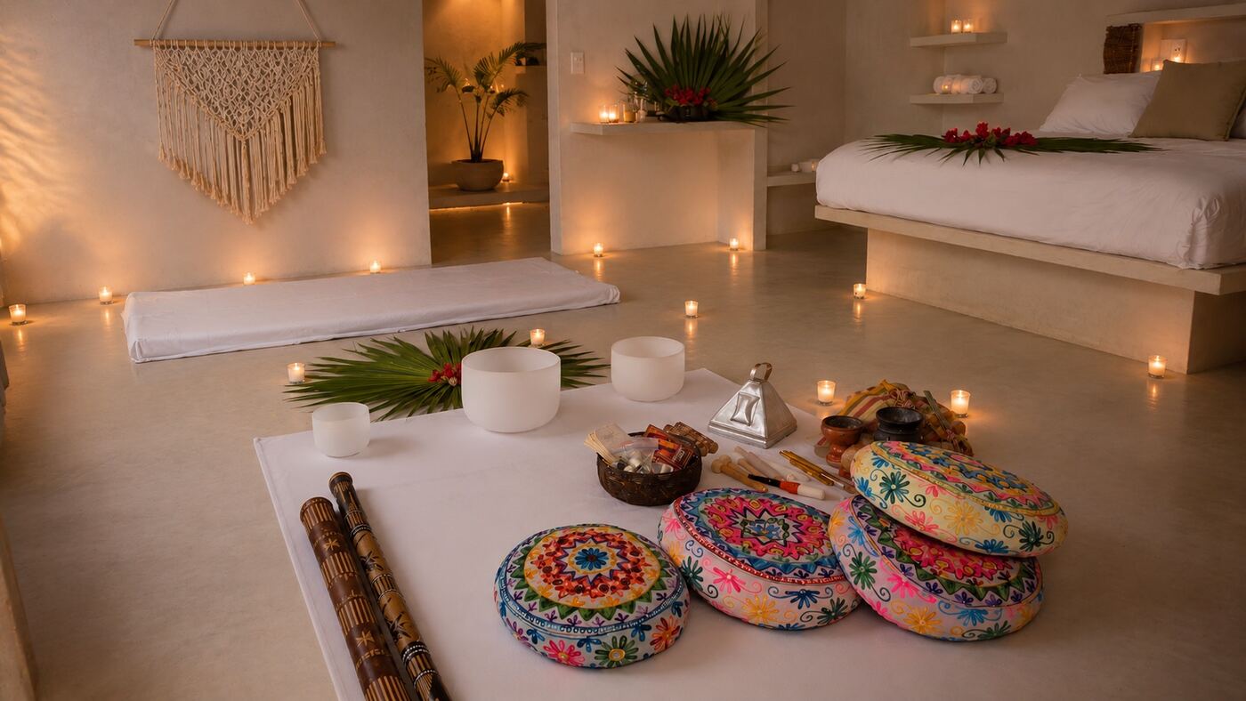 A candlelit ceremony room with singing bowls, floor cushions, and a bed prepared for the night's journey