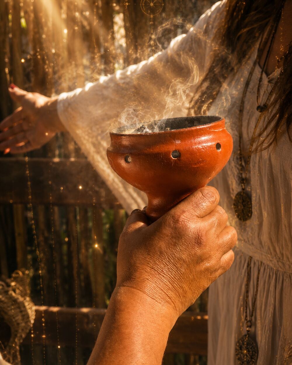 Close-up of hands holding a smoking copal bowl during a blessing, sunlight streaming through the trees