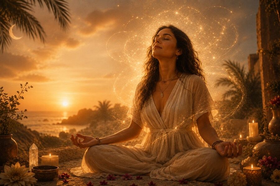 A woman meditates at sunset by the ocean, eyes closed in stillness