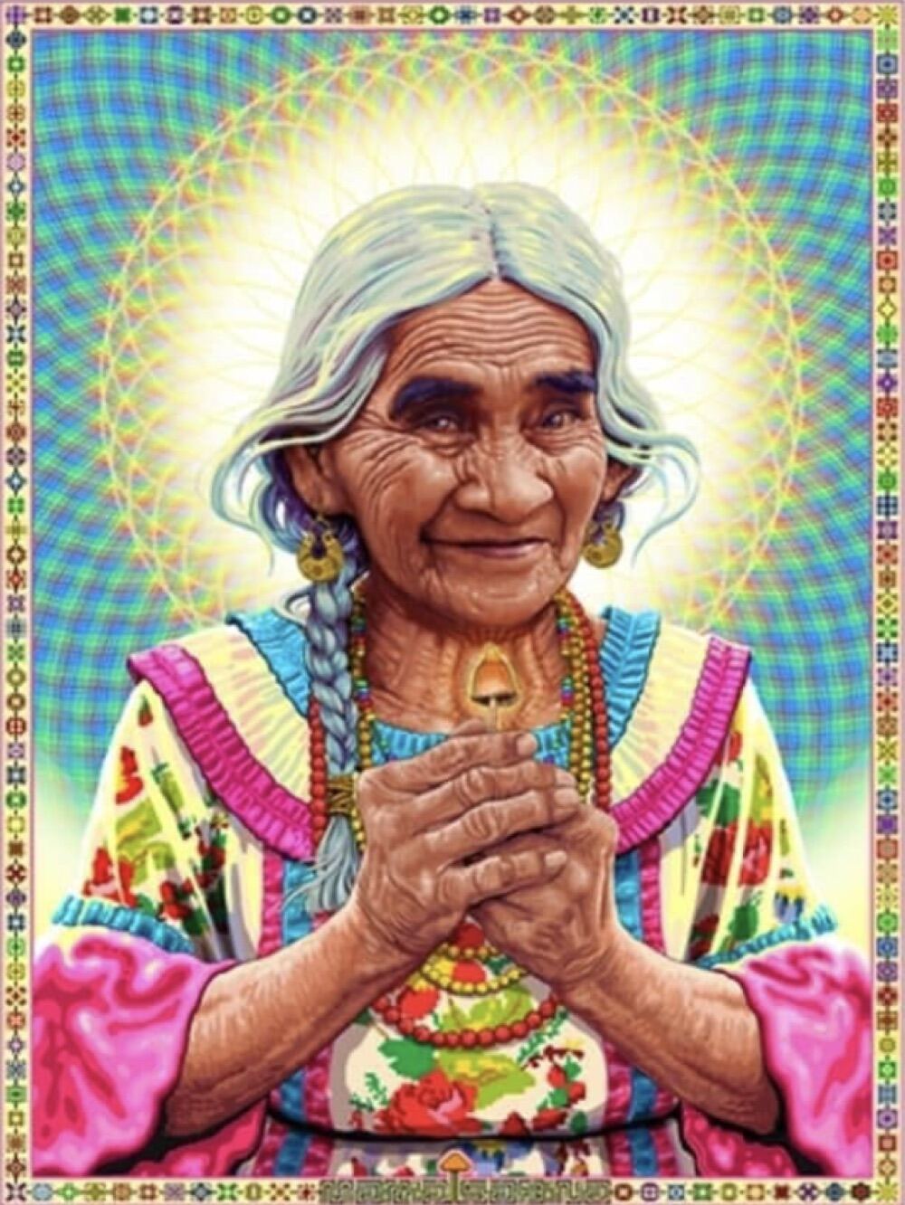 A colorful illustrated portrait of María Sabina, adorned in traditional dress with a mushroom pendant, hands folded in prayer