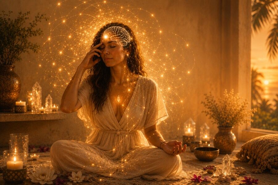 A woman touches her temple in stillness, with an illustrated glowing outline of a brain over her forehead