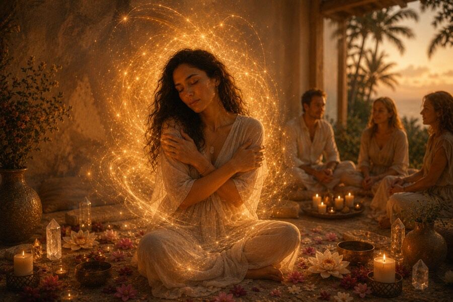 A woman gently holds her own arms in a self-embrace, eyes closed, with fellow guests gathered nearby