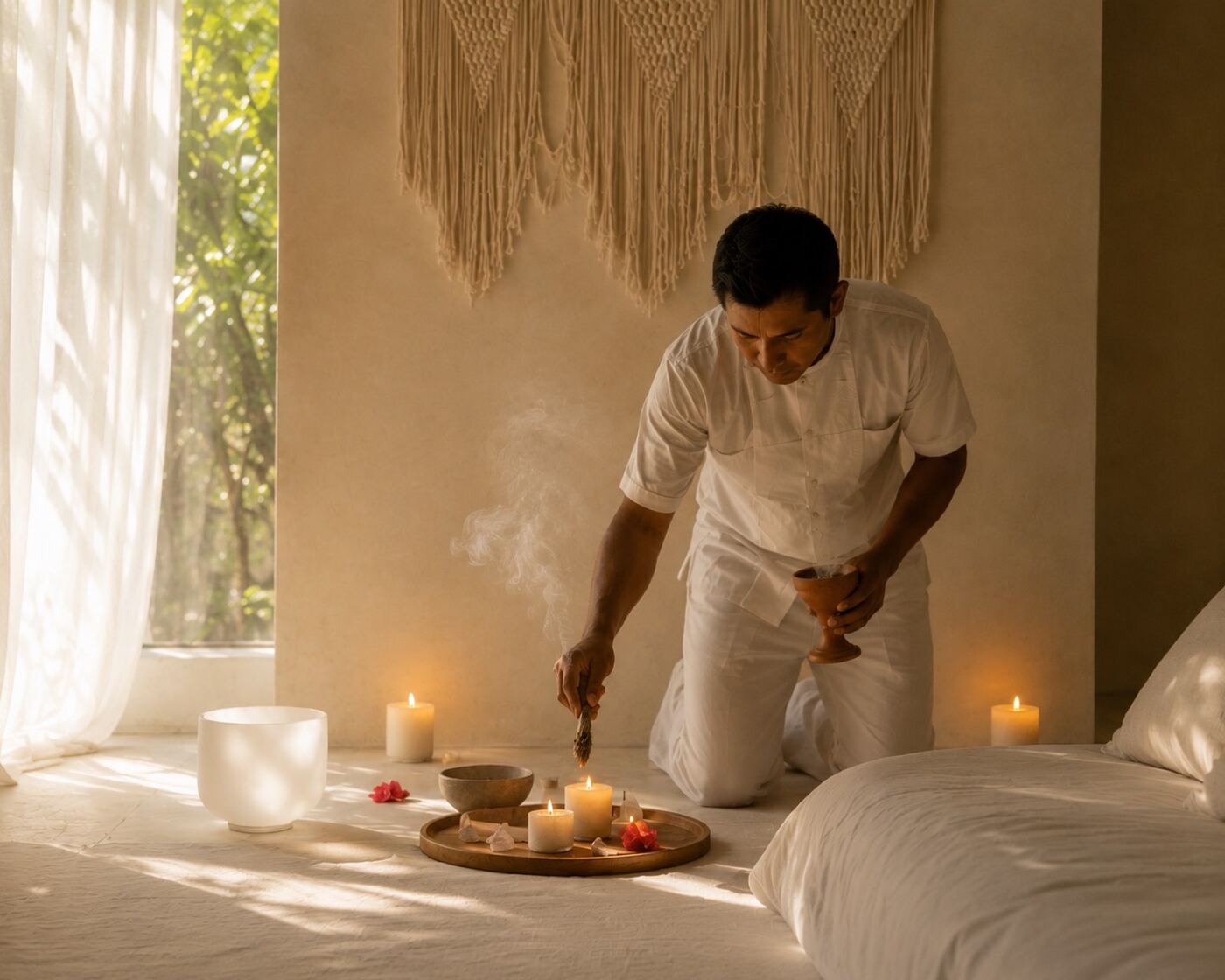 A guide kneels beside candles and a crystal singing bowl, preparing sacred smoke for a ceremony