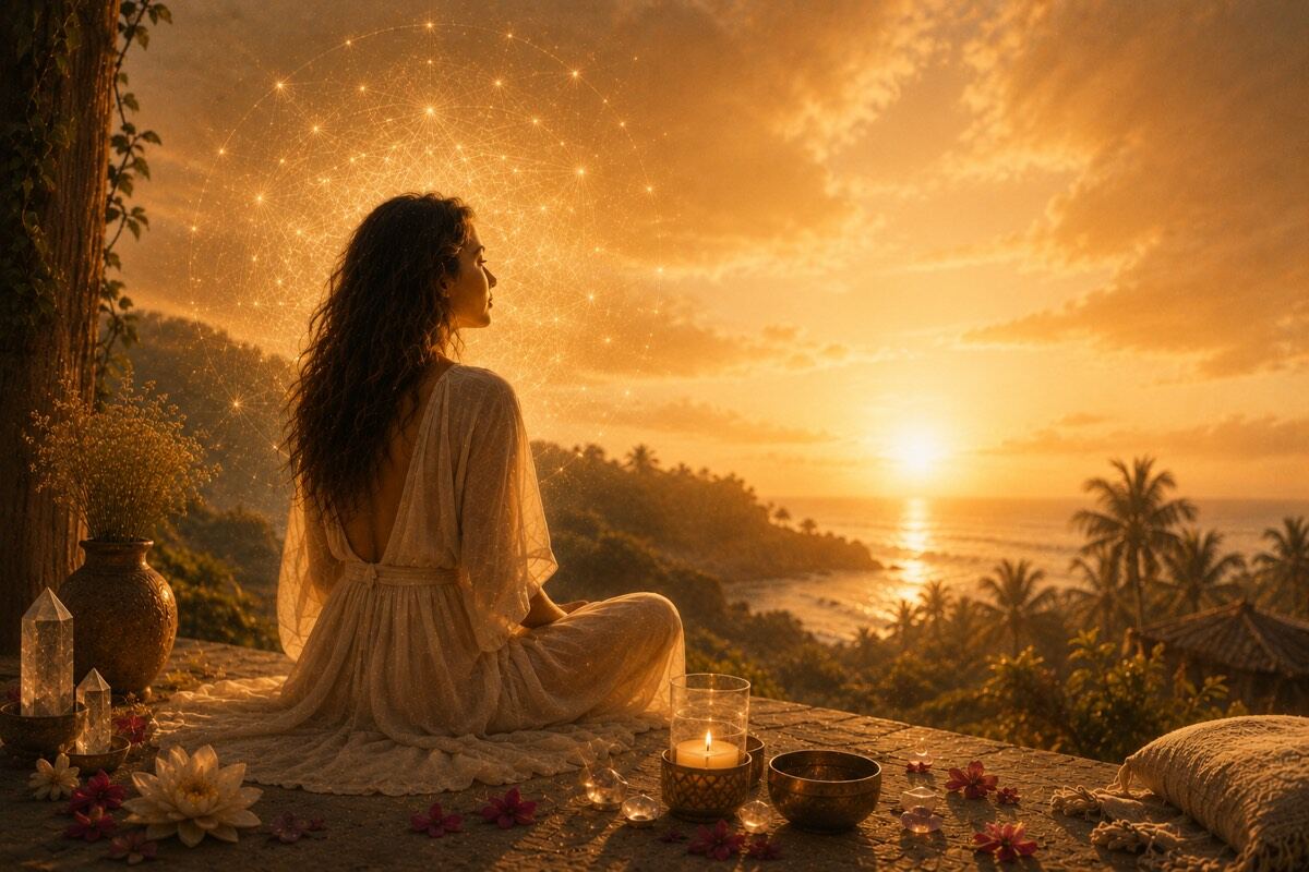 A woman gazes out at the ocean at sunrise from a jungle-side terrace